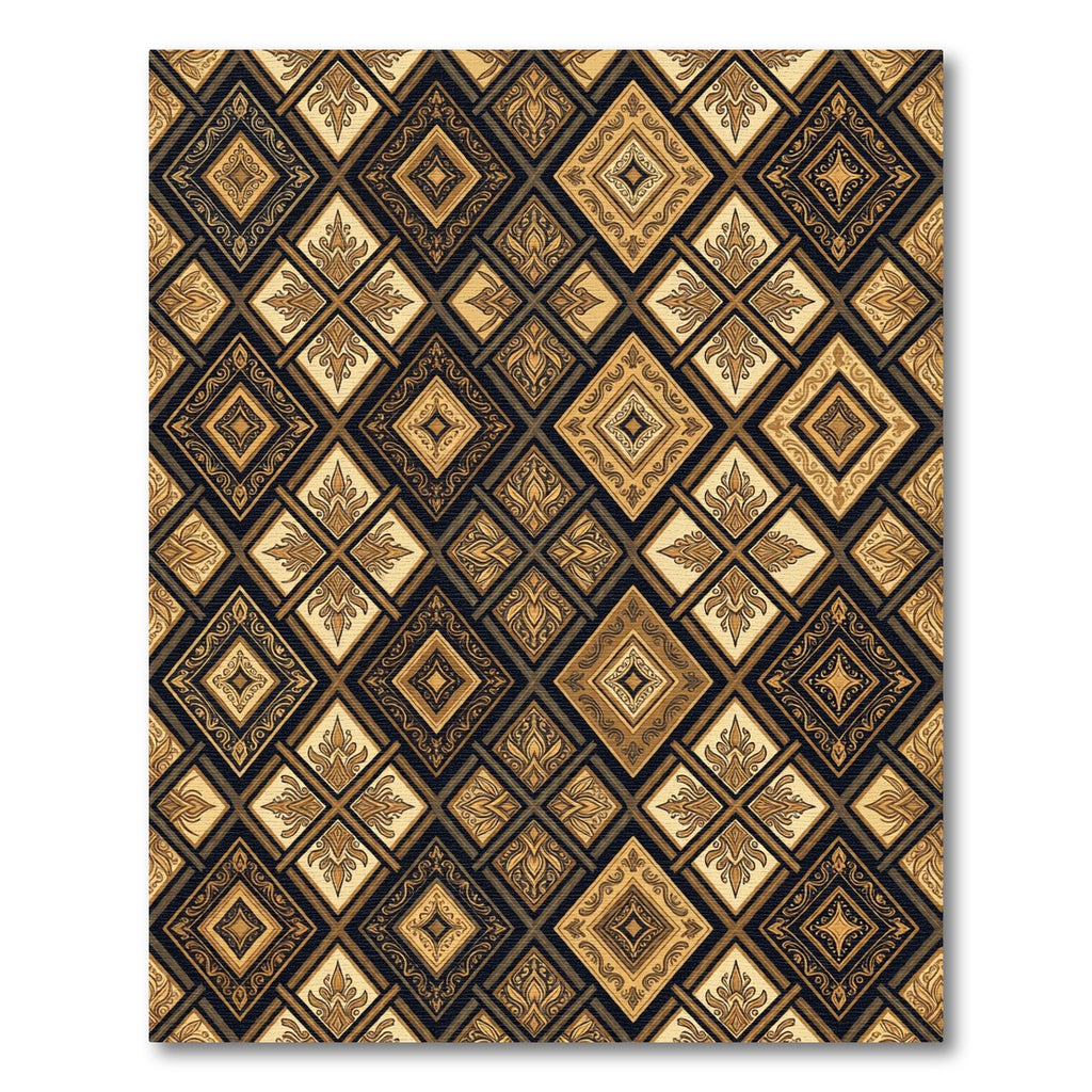 Elegant Golden Ornate Diamond Quadrant Rug