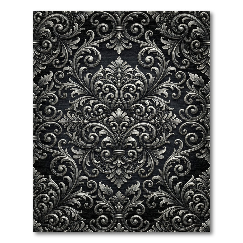 Ornate Silver Scrollwork Damask Rug