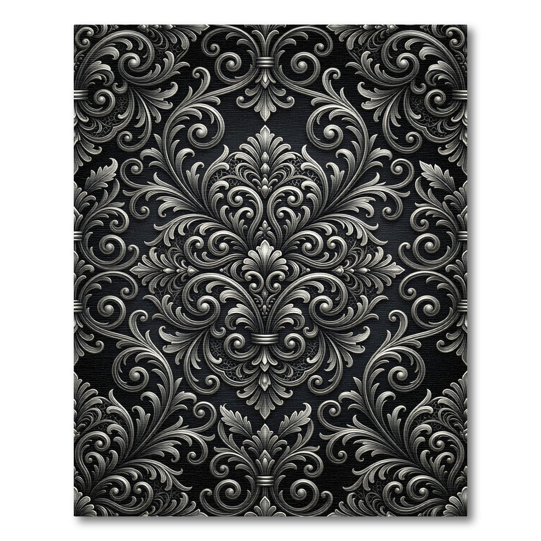 Ornate Silver Scrollwork Damask Rug