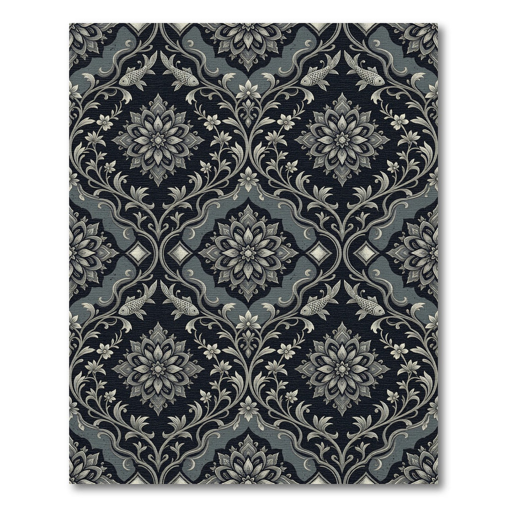 Elegant Charcoal Floral Koi Damask Rug