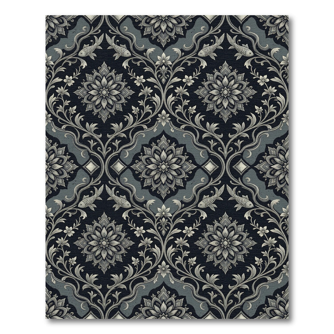Elegant Charcoal Floral Koi Damask Rug