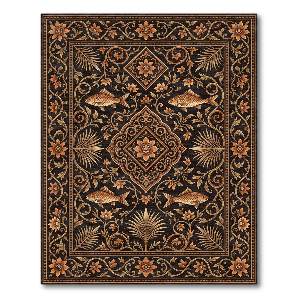 Gilded Floral Koi Medallion Ink Black Rug