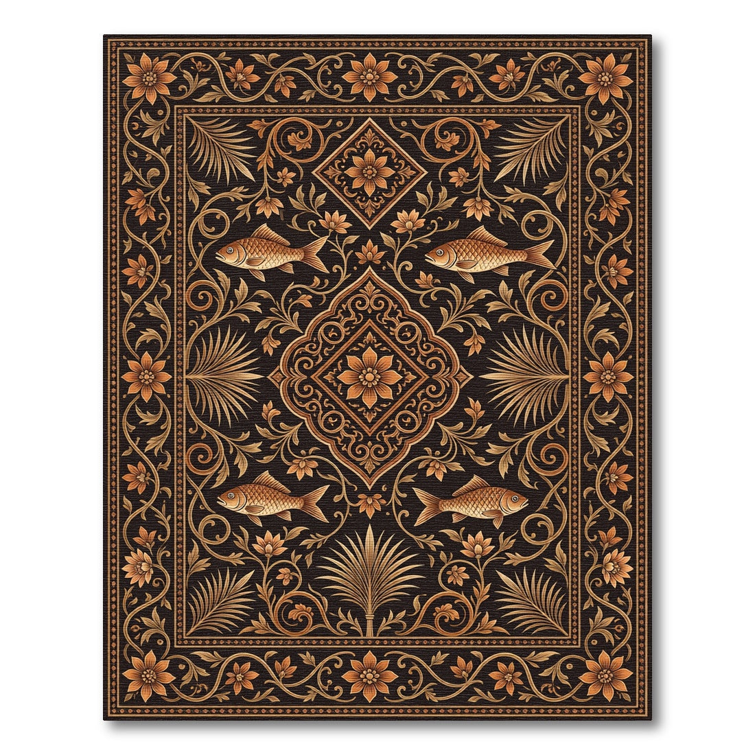 Gilded Floral Koi Medallion Ink Black Rug
