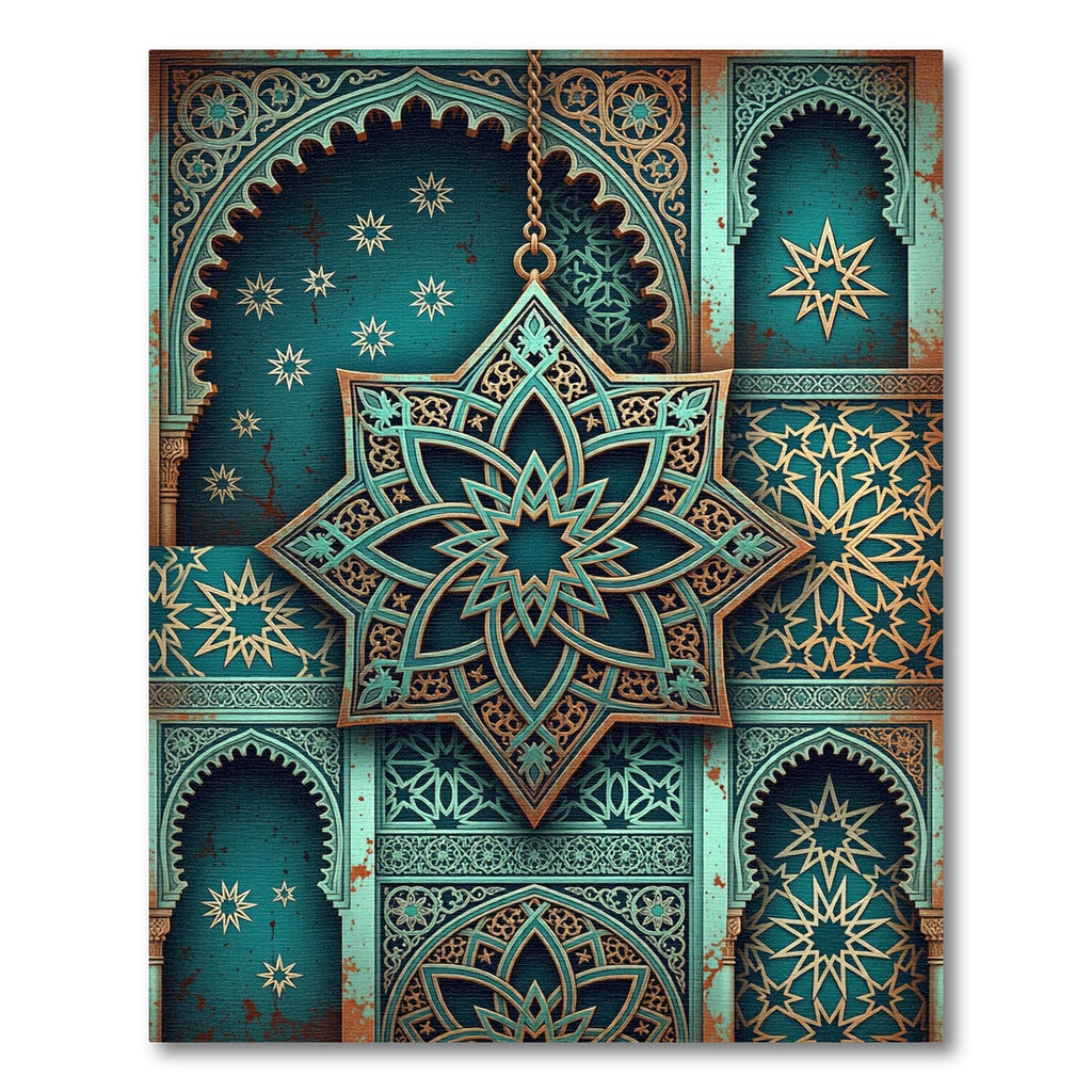 Teal And Bronze Geometric Star Tile Rug