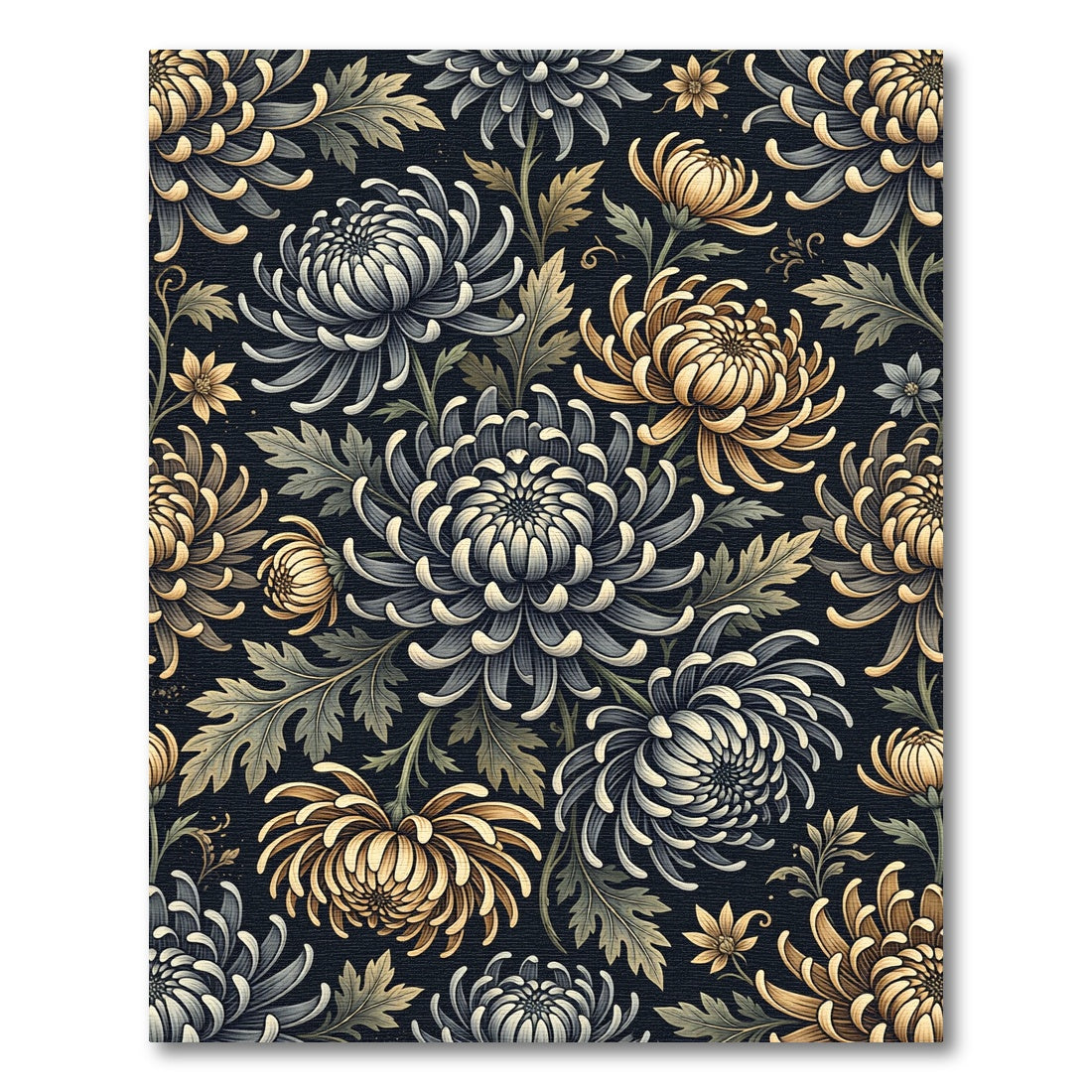 Elegant Gold and Slate Chrysanthemum Floral Rug