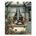 Cottage Tabby Cat Geranium Window Garden Rug