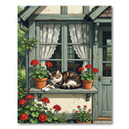 Cottage Tabby Cat Geranium Window Garden Rug