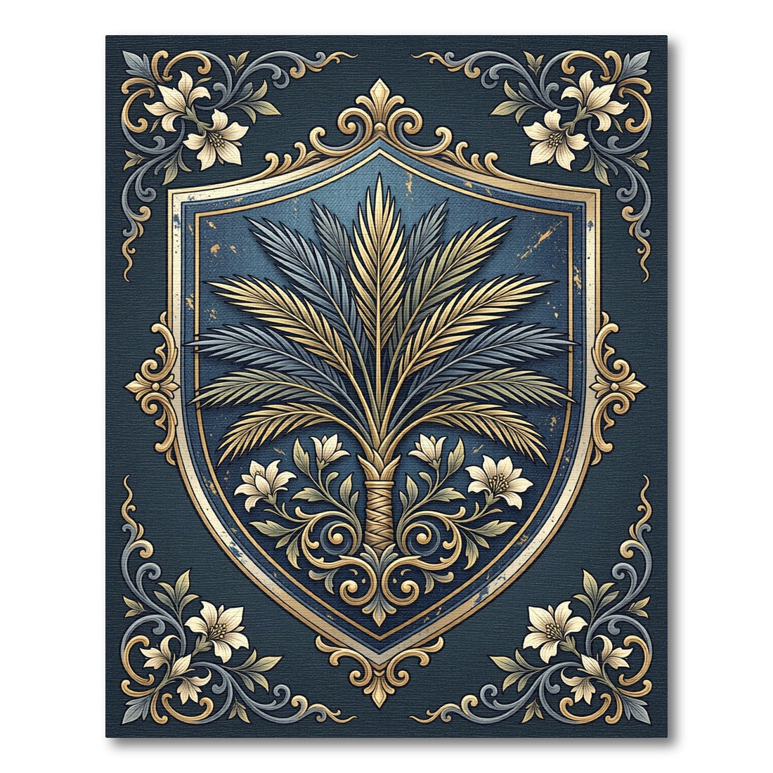 Elegant Gold Palm Crest Navy Ornament Rug