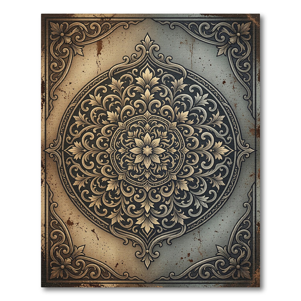 Ornate Golden Filigree Floral Medallion Rug