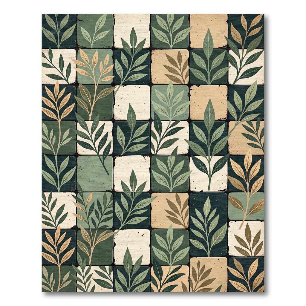 Green Leafy Branches Square Tile Rug