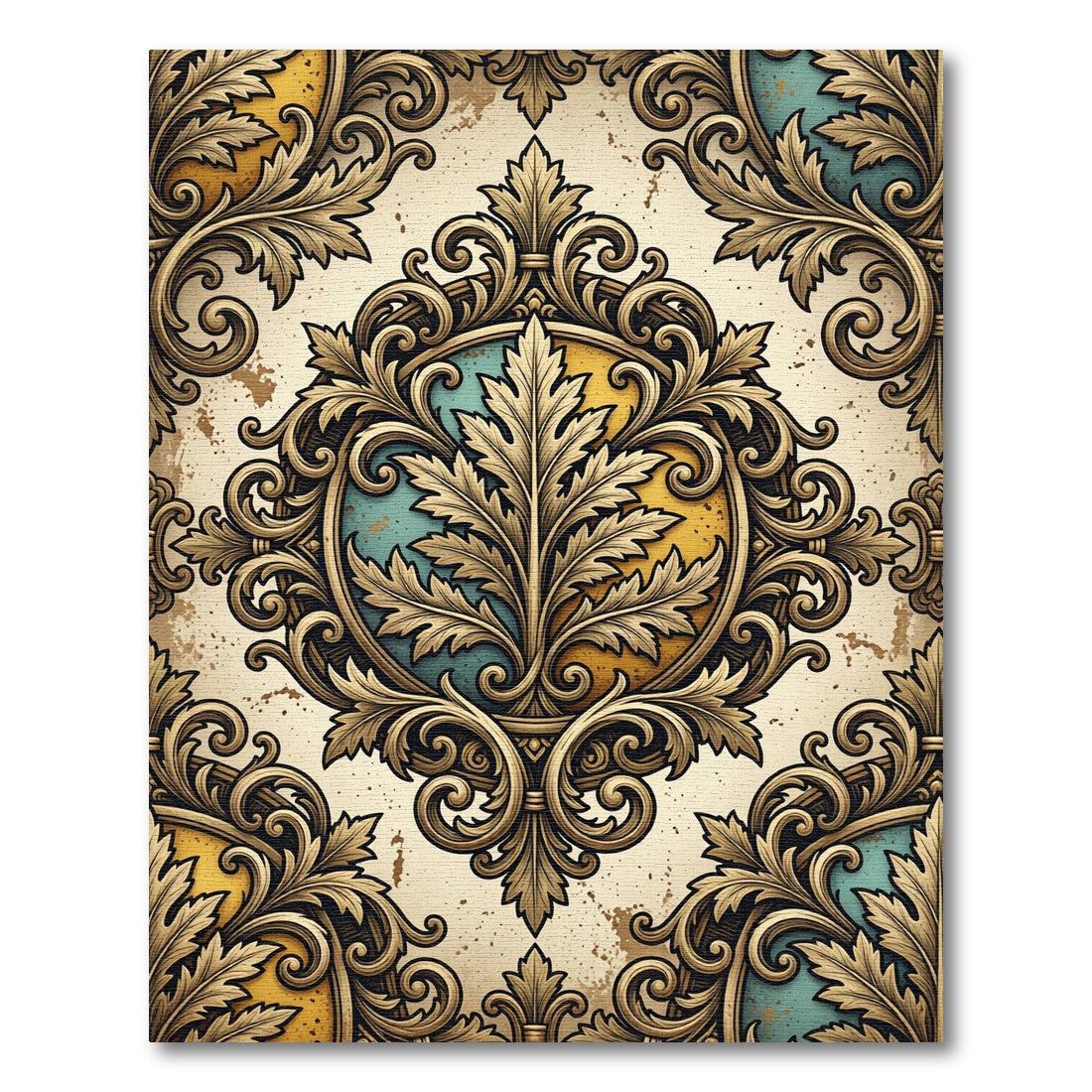 Ornate Golden Foliage Teal Medallion Rug