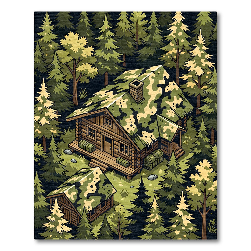 Camo Forest Cabin Landscape Illustration Rug