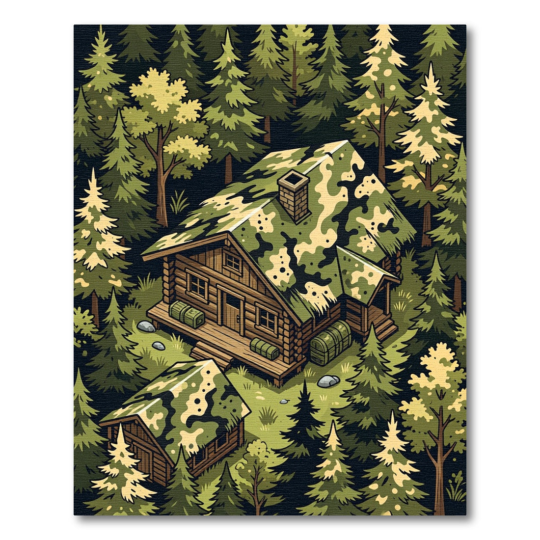 Camo Forest Cabin Landscape Illustration Rug