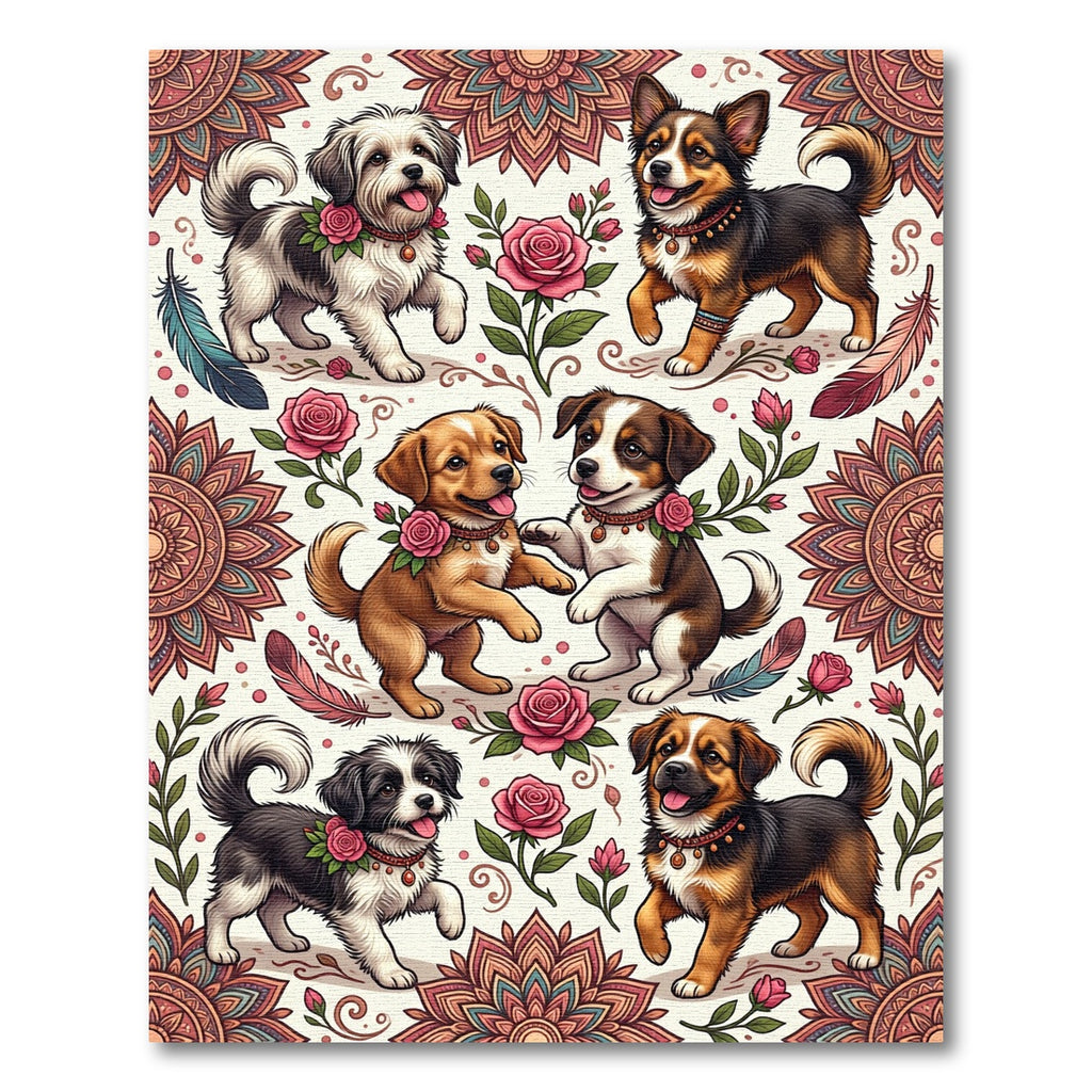 Whimsical Boho Puppy Floral Medallion Illustration Rug