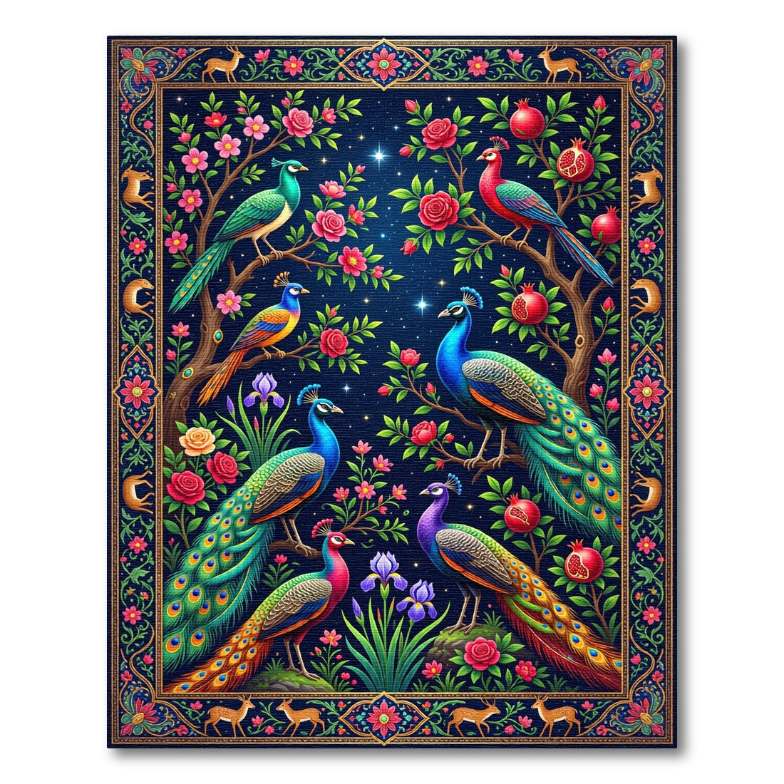 Midnight Peacock Pomegranate Garden Tapestry Rug