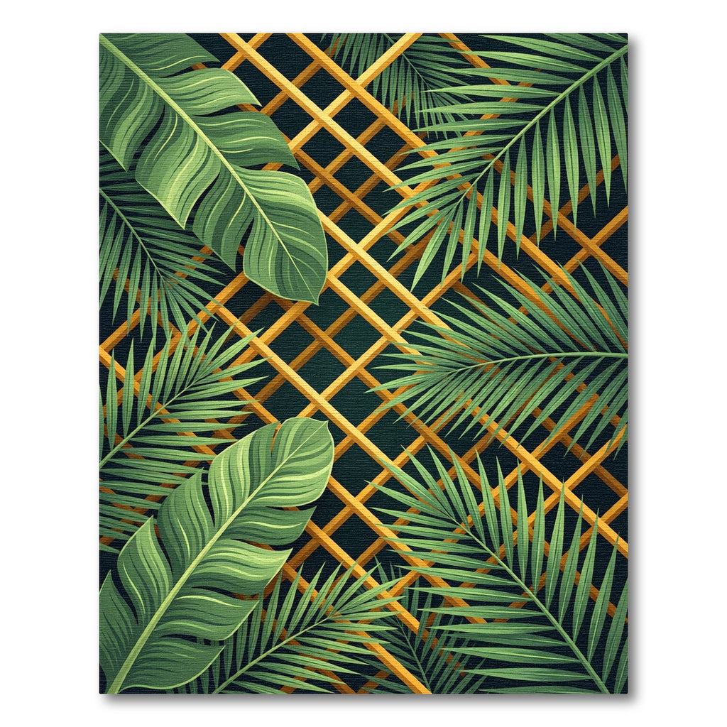 Lush Golden Grid Tropical Leaves Rug