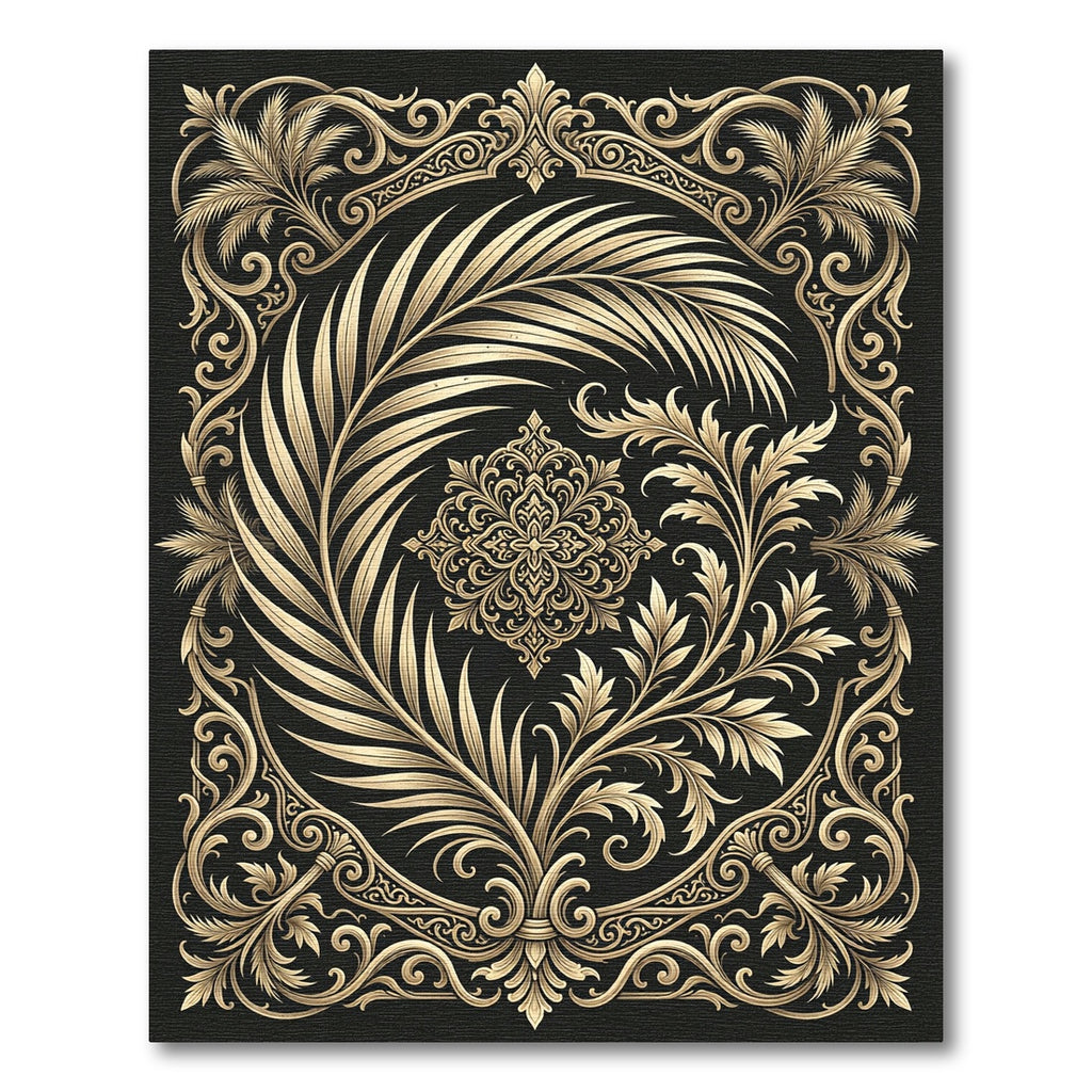 Golden Palm Frond Baroque Swirl Rug