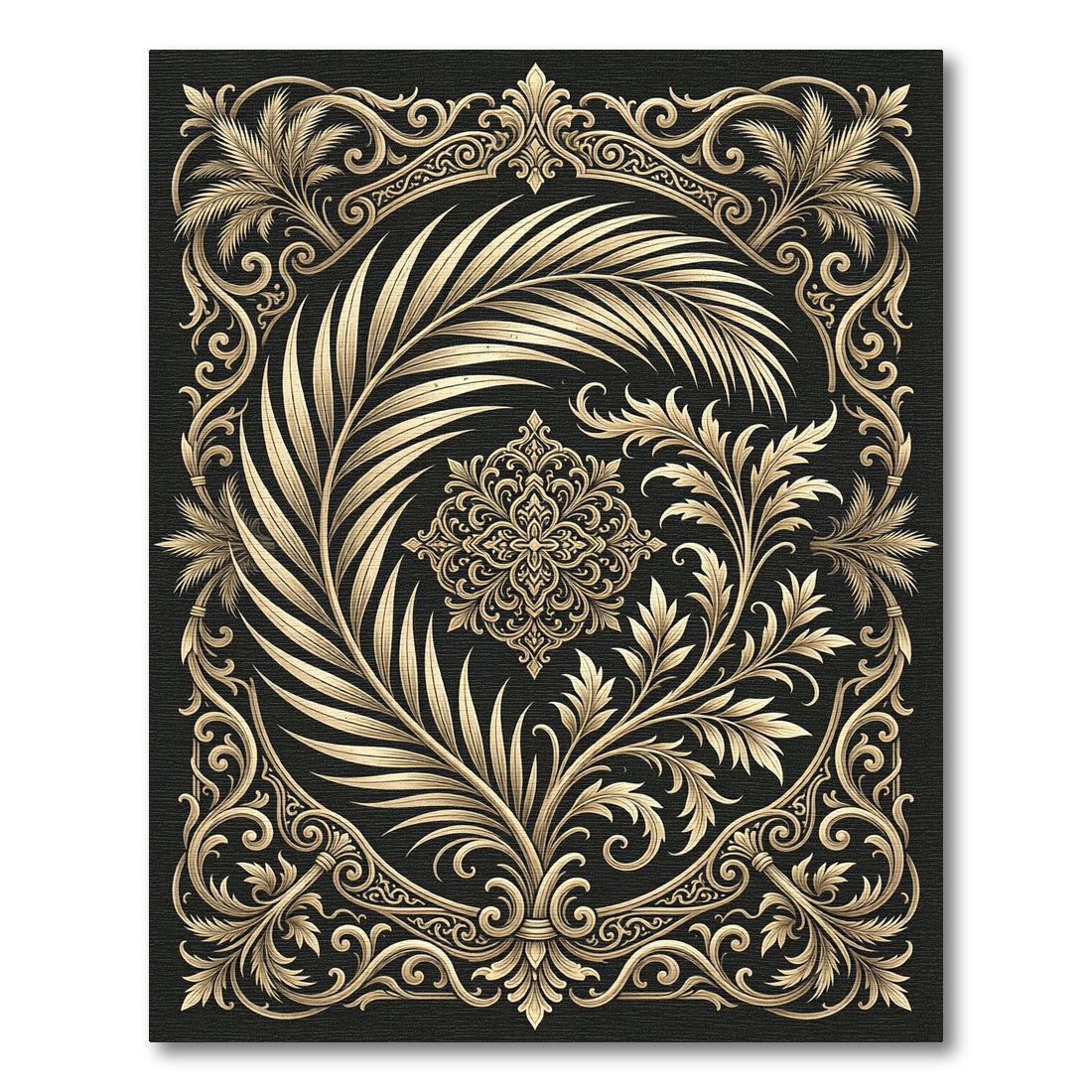 Golden Palm Frond Baroque Swirl Rug