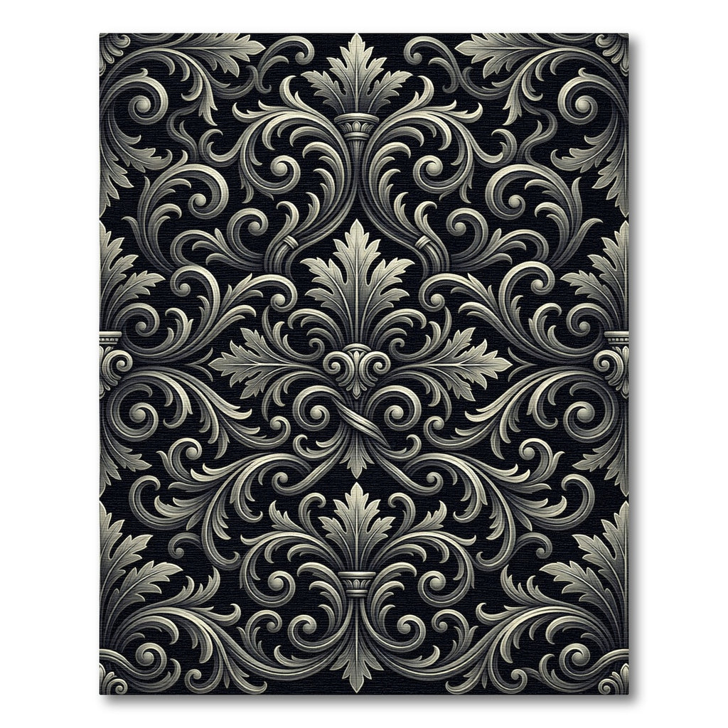 Ornate Black White Acanthus Swirl Rug