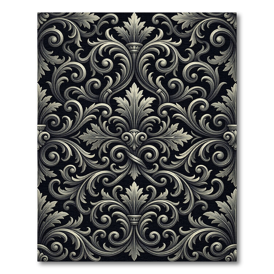 Ornate Black White Acanthus Swirl Rug