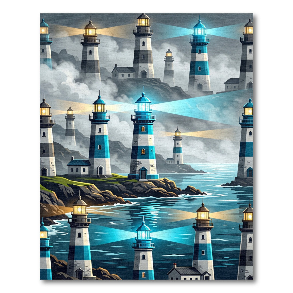 Coastal Blue Lighthouse Landscape Scene Rug