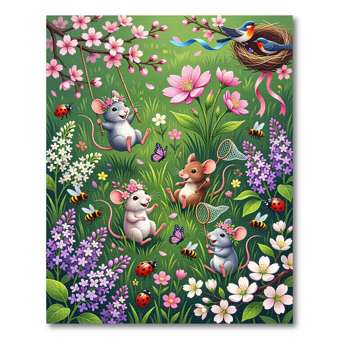Whimsical Spring Meadow Floral Mouse Scene Rug