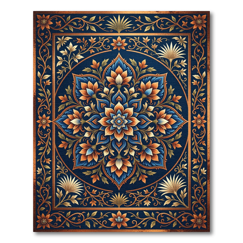 Rich Indigo Floral Medallion Scrollwork Rug