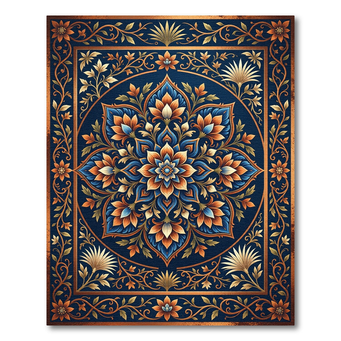 Rich Indigo Floral Medallion Scrollwork Rug