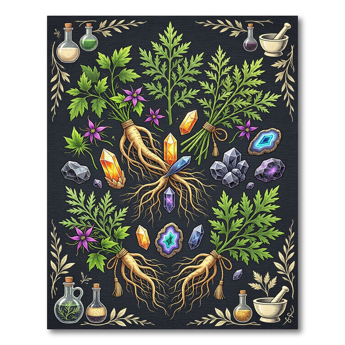 Mystical Botanical Crystal Herb Alchemy Rug
