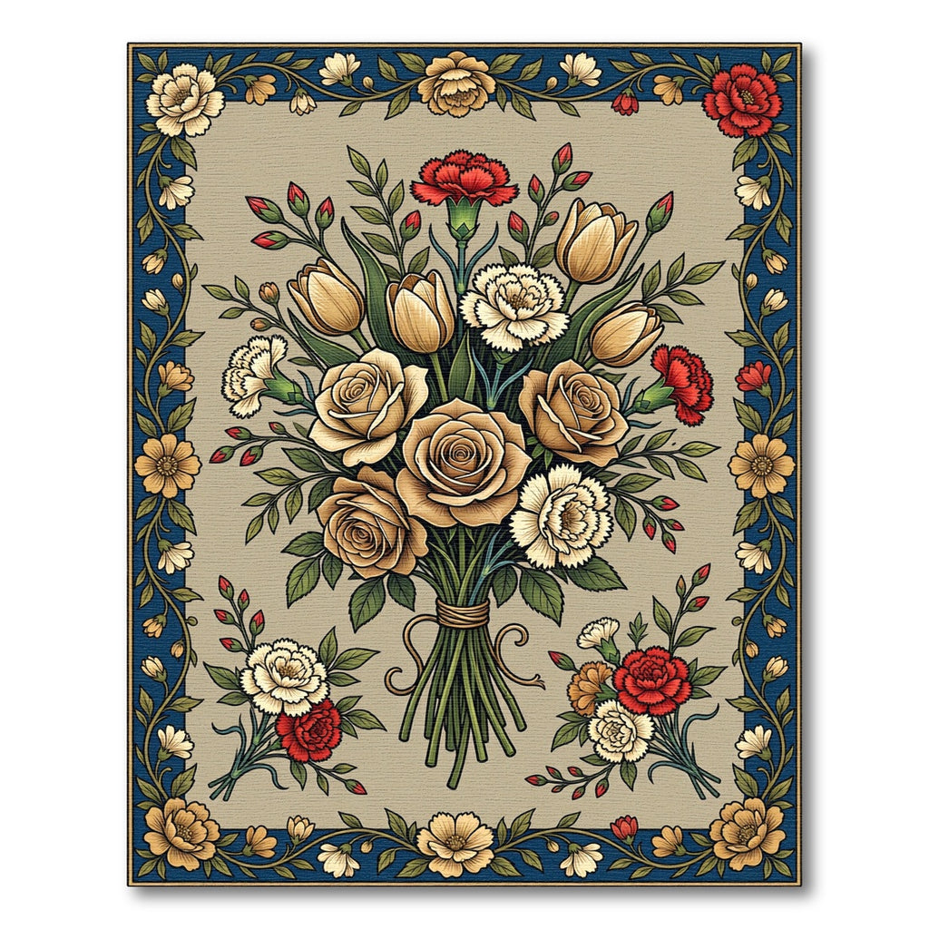 Gold Rose Tulip Carnation Bouquet Rug