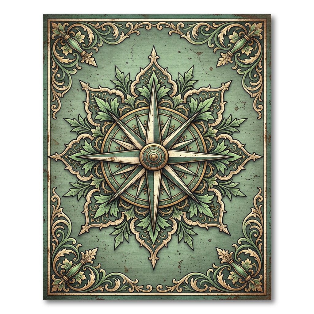 Antique Green Compass Rose Floral Rug