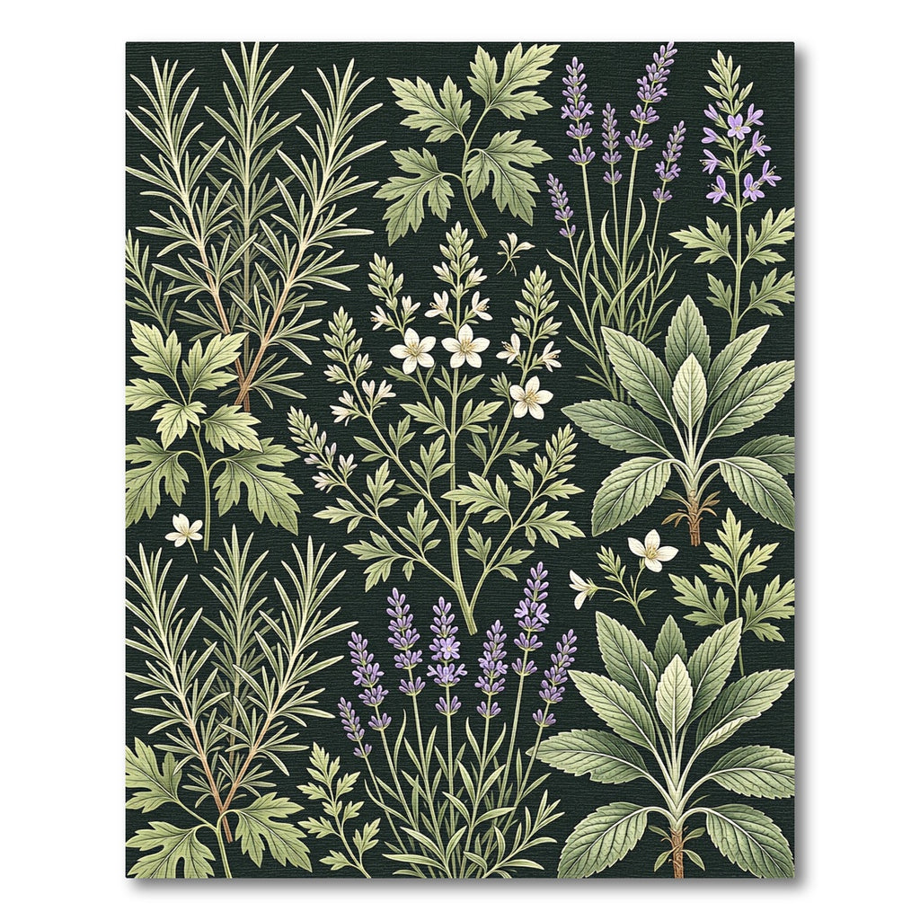 Botanical Herb Garden Dark Floral Illustration Rug