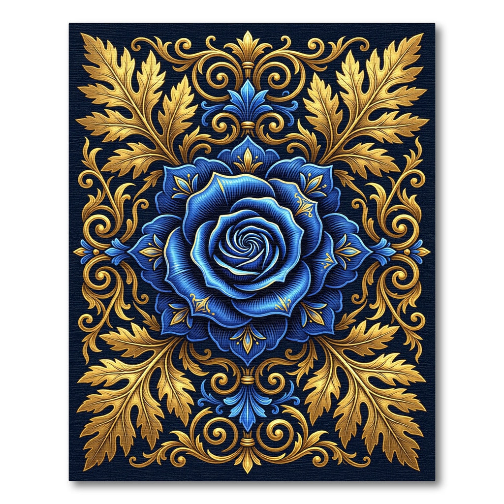 Royal Blue Rose Golden Acanthus Scroll Rug