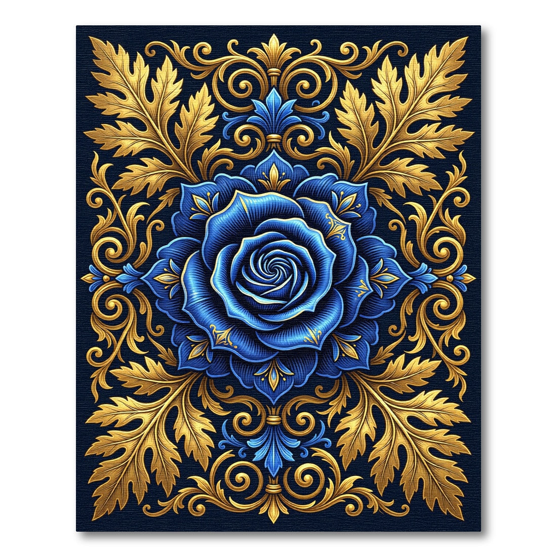 Royal Blue Rose Golden Acanthus Scroll Rug