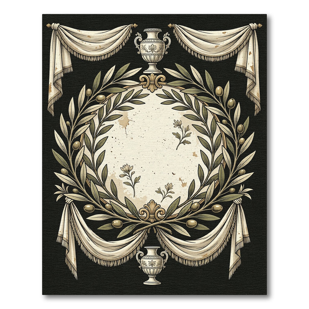 Neoclassical Olive Wreath Cream Black Medallion Rug