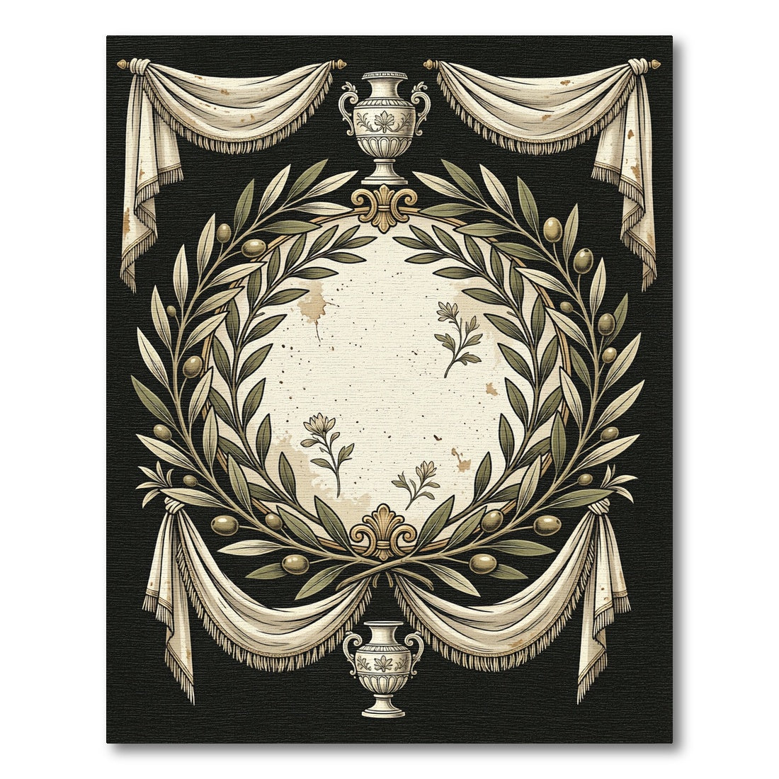 Neoclassical Olive Wreath Cream Black Medallion Rug
