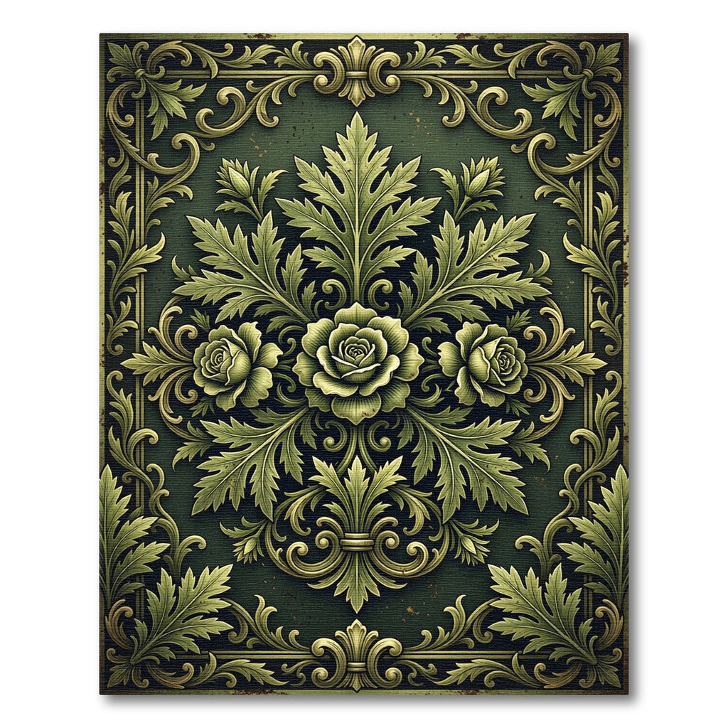 Elegant Emerald Rose Baroque Foliage Rug