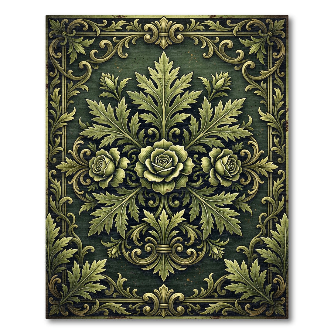 Elegant Emerald Rose Baroque Foliage Rug