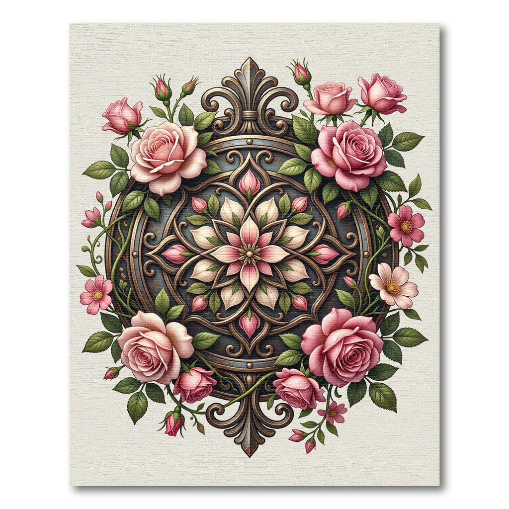 Elegant Blush Rose Floral Medallion Accent Rug