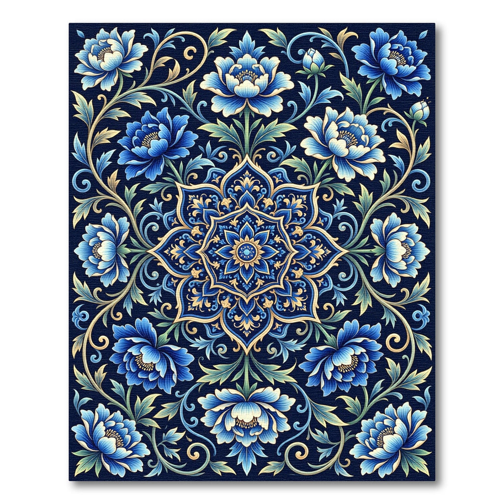 Deep Blue Floral Medallion Scrollwork Rug