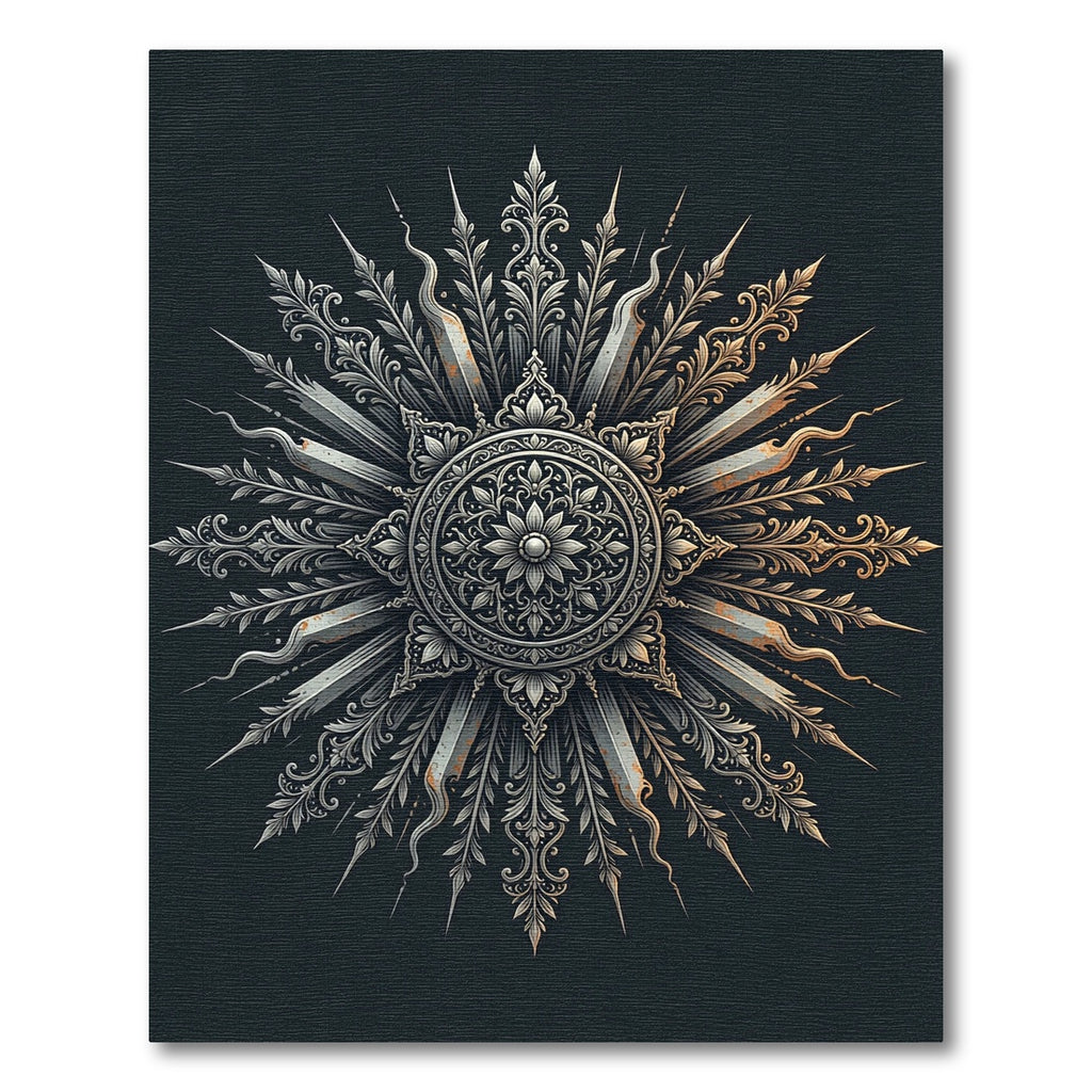 Ornate Silver Metallic Sunburst Medallion Rug