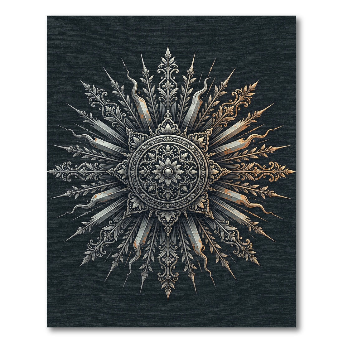 Ornate Silver Metallic Sunburst Medallion Rug