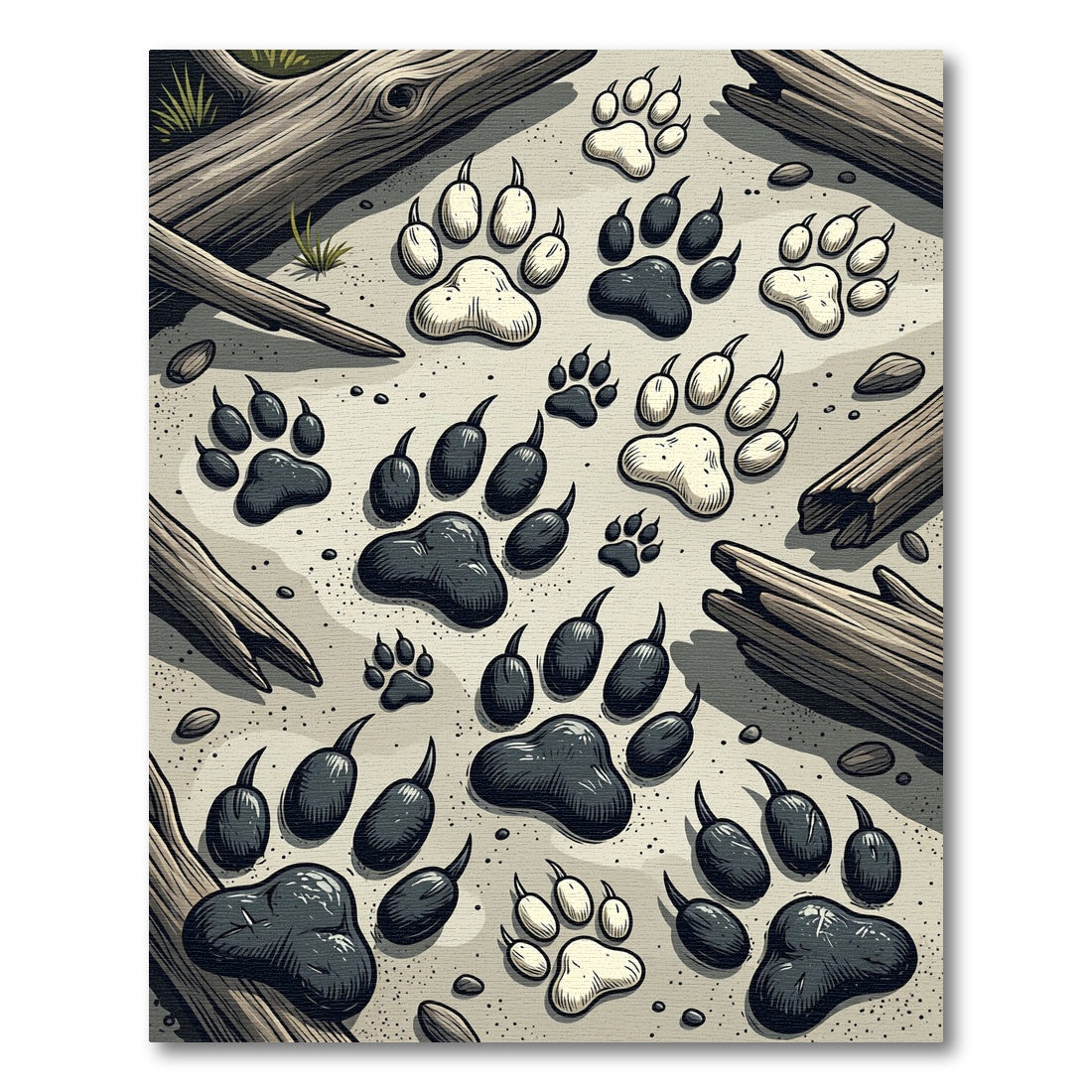Monochrome Woodland Animal Tracks Illustration Rug