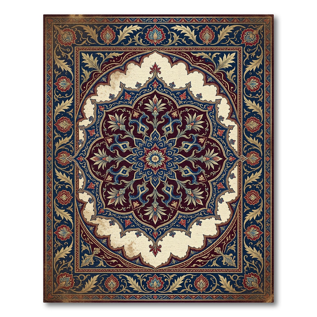 Ornate Navy Crimson Floral Medallion Rug