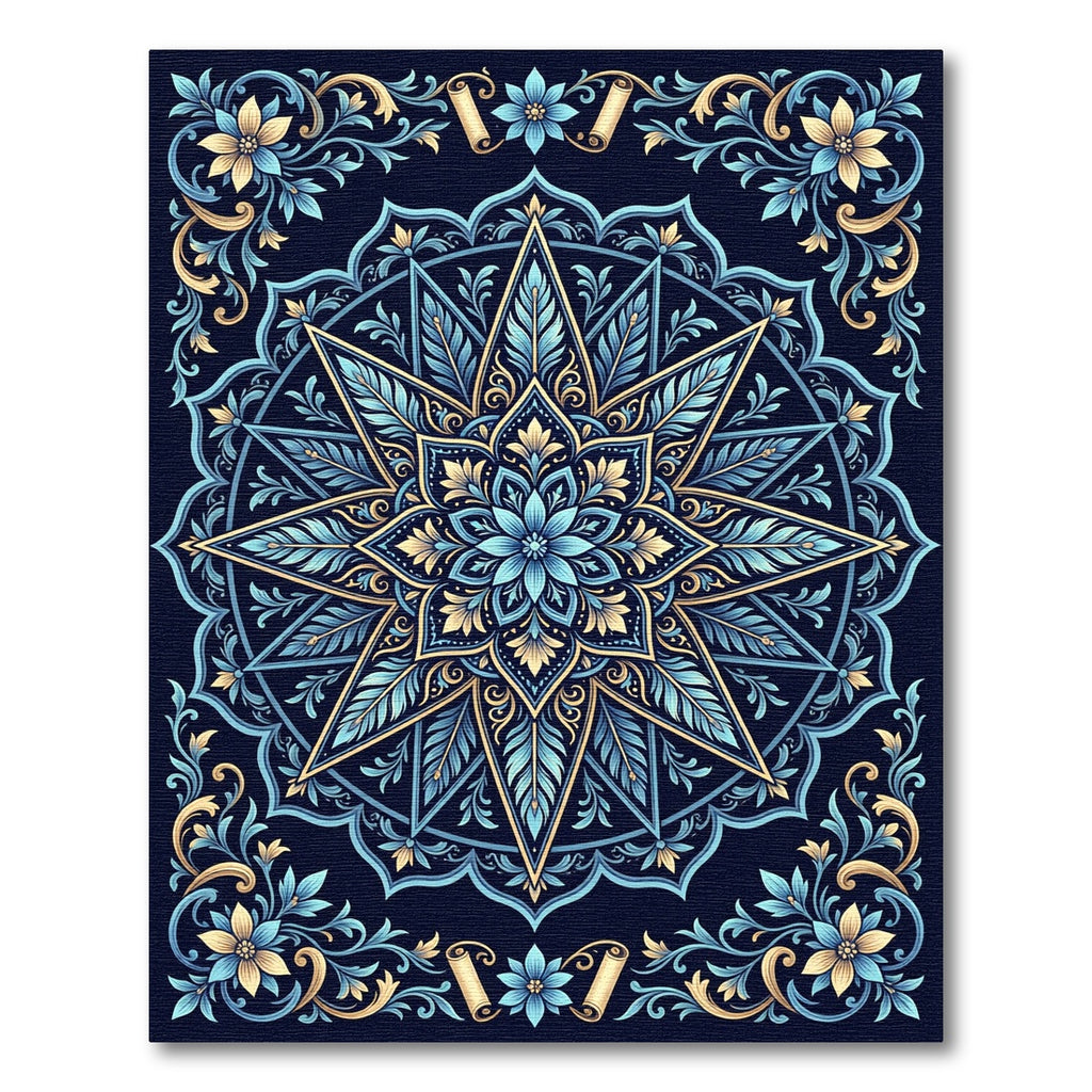 Azure Golden Starburst Floral Mandala Rug