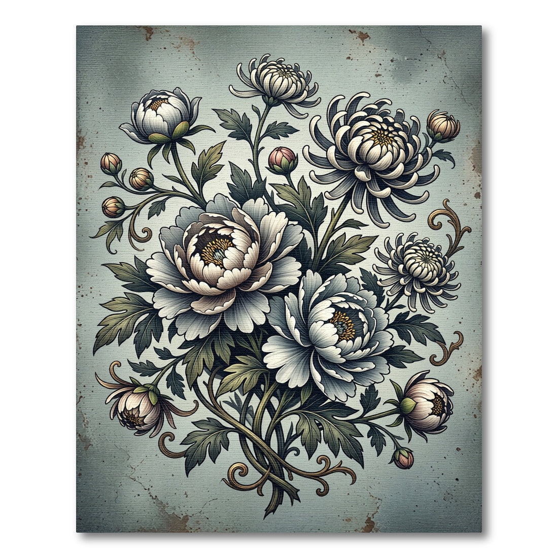 Vintage Floral Chrysanthemum Botanical Illustration Rug