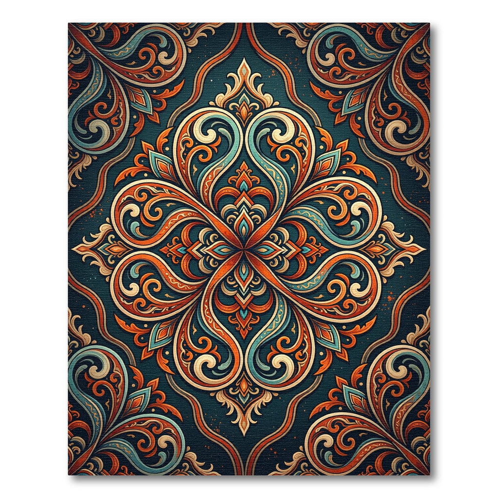 Symmetrical Teal and Amber Swirl Medallion Rug