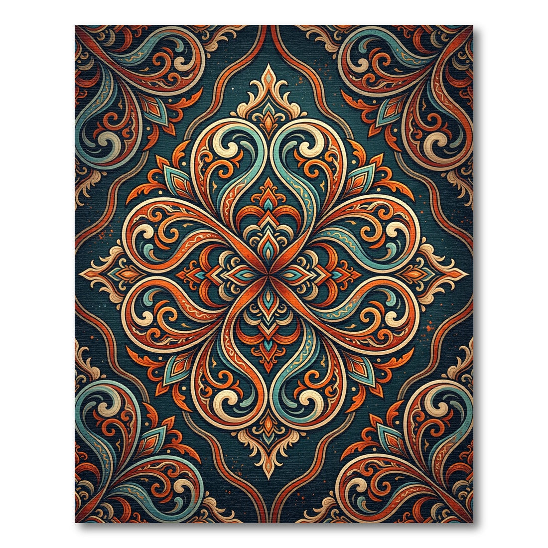 Symmetrical Teal and Amber Swirl Medallion Rug