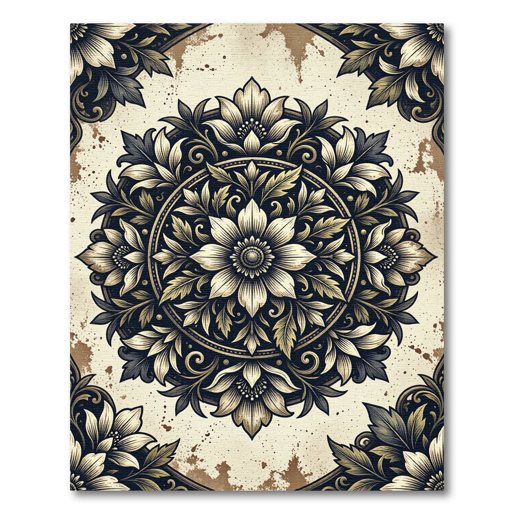 Vintage Black Gold Floral Medallion Rug