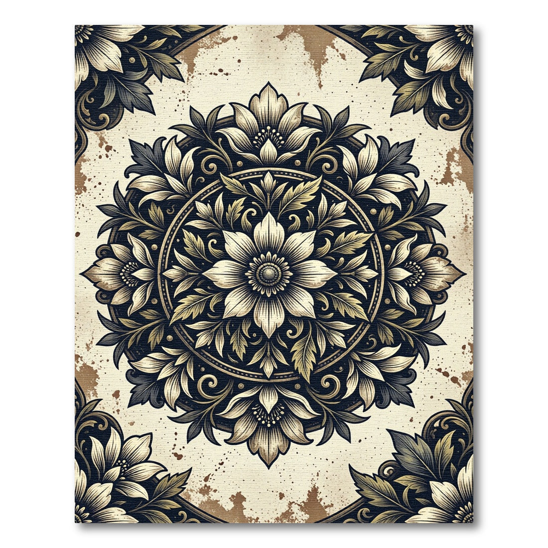 Vintage Black Gold Floral Medallion Rug